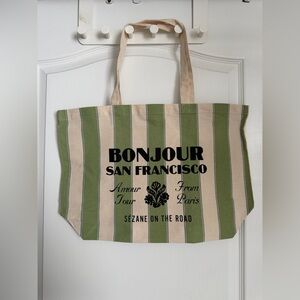 Brand New Sézane Green and Cream Striped 'Bonjour San Francisco' Tote